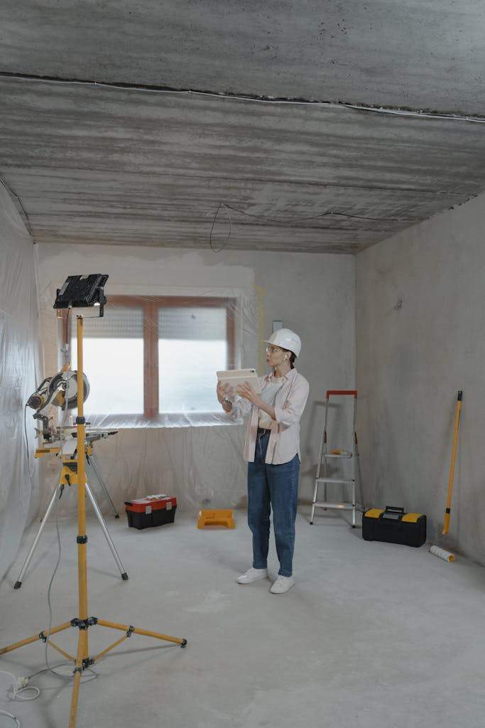 Woman with hard hat and tablet assessing a residential renovation site.