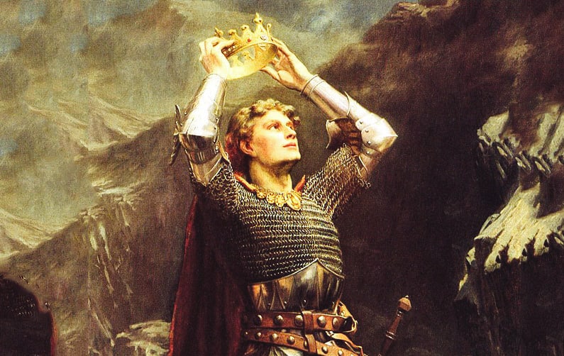 A man in royal armor holding a golden crown, representing the concept of "House of the Dictator" and the absolute power of a ruler.