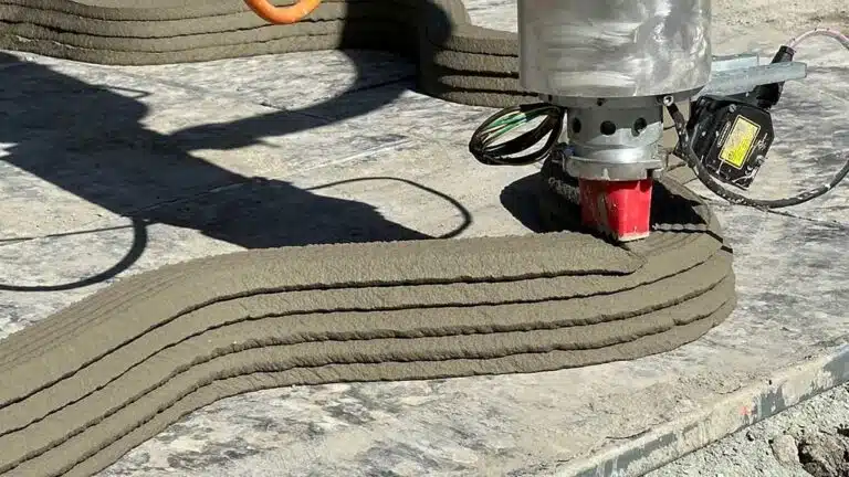 A 3D printer building a concrete wall at a construction site