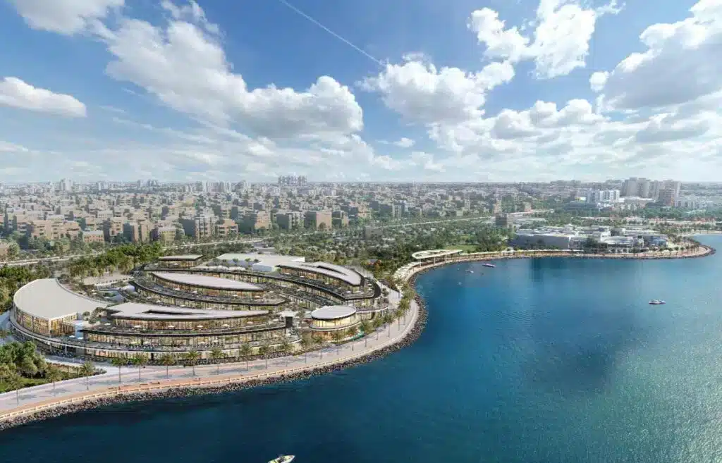إطلالة جوية على مول أوثايم سيركل واجهة الخُبر البحرية مع أفق المدينة