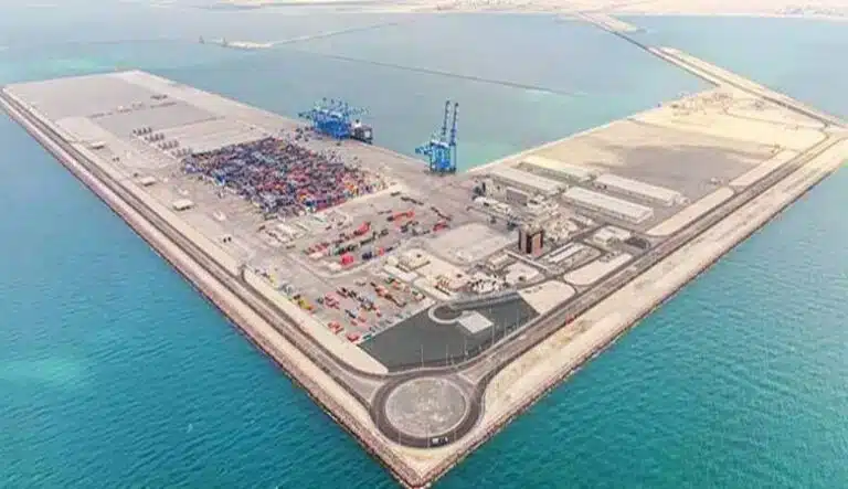 Aerial view of Mubarak Al-Kabeer Port on Bubiyan Island in Kuwait
