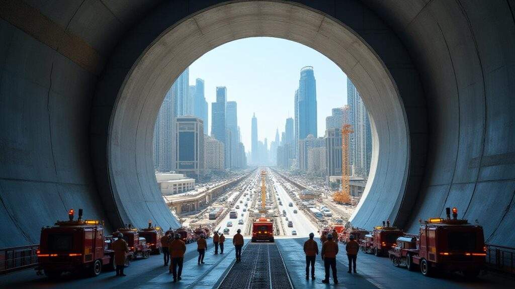 An interior view of the Dubai Loop project, showcasing the futuristic underground tunnel design, self-driving electric vehicles, and illuminated pathways guiding passengers to their destinations.