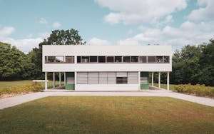 Explore this iconic modernist building set in a verdant Parisian landscape, showcasing minimalist design.