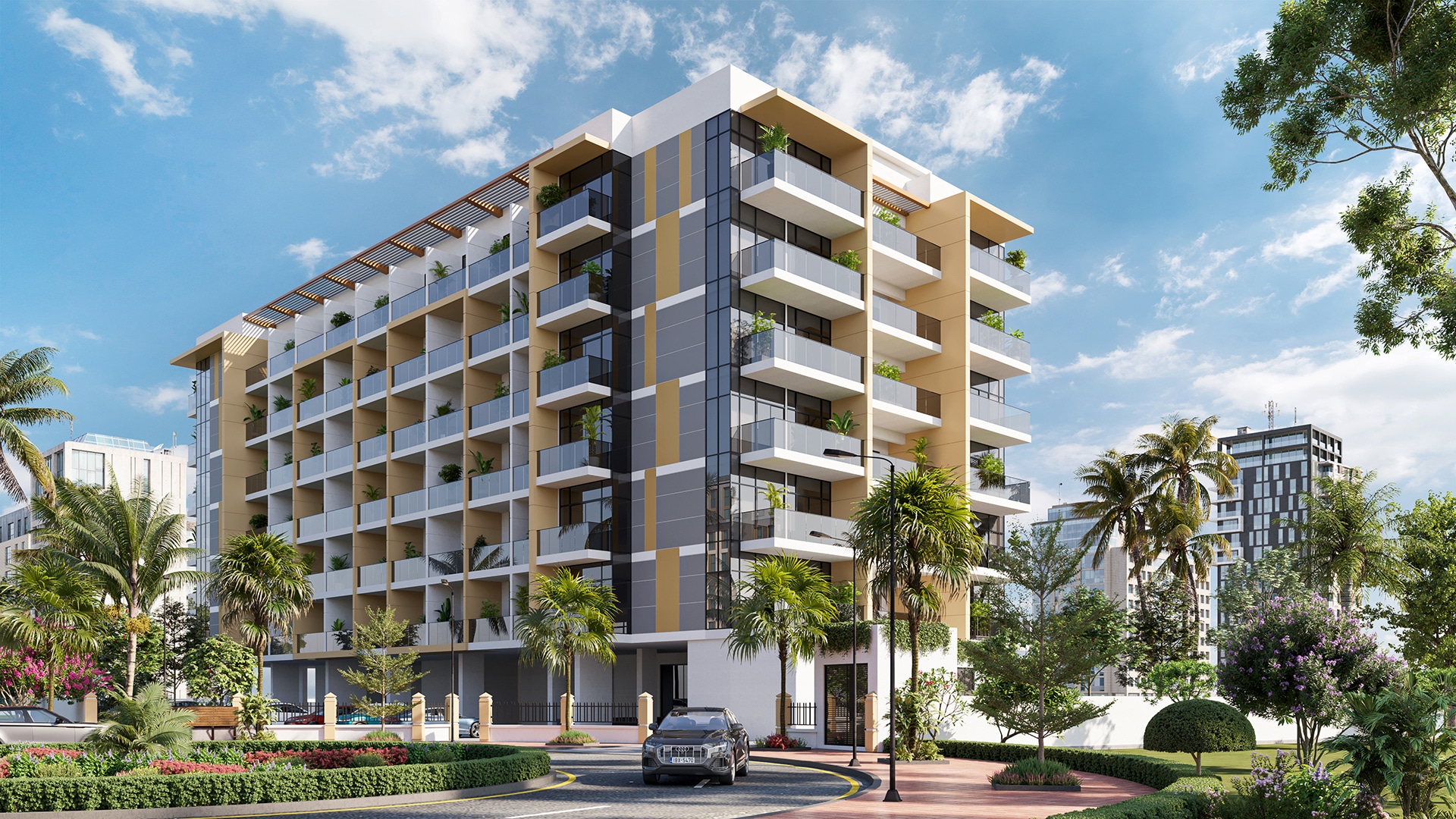 A modern and luxurious building in Dubai, reflecting the contemporary design of Dugasta Properties' new projects, such as Teraa Tower and Al Haseen Residences.