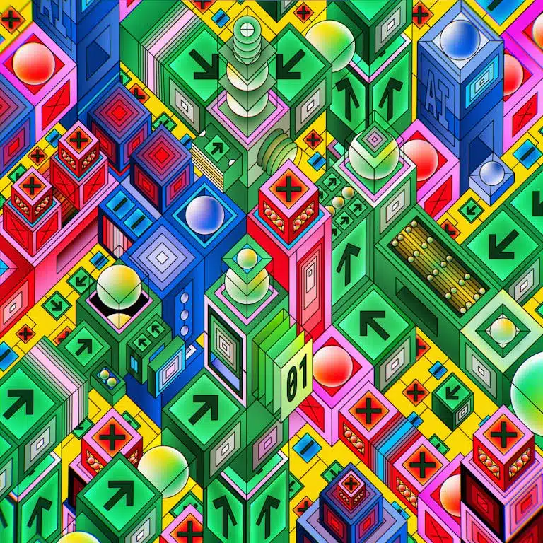 Vibrant isometric illustration of futuristic tech cityscape with AI elements.