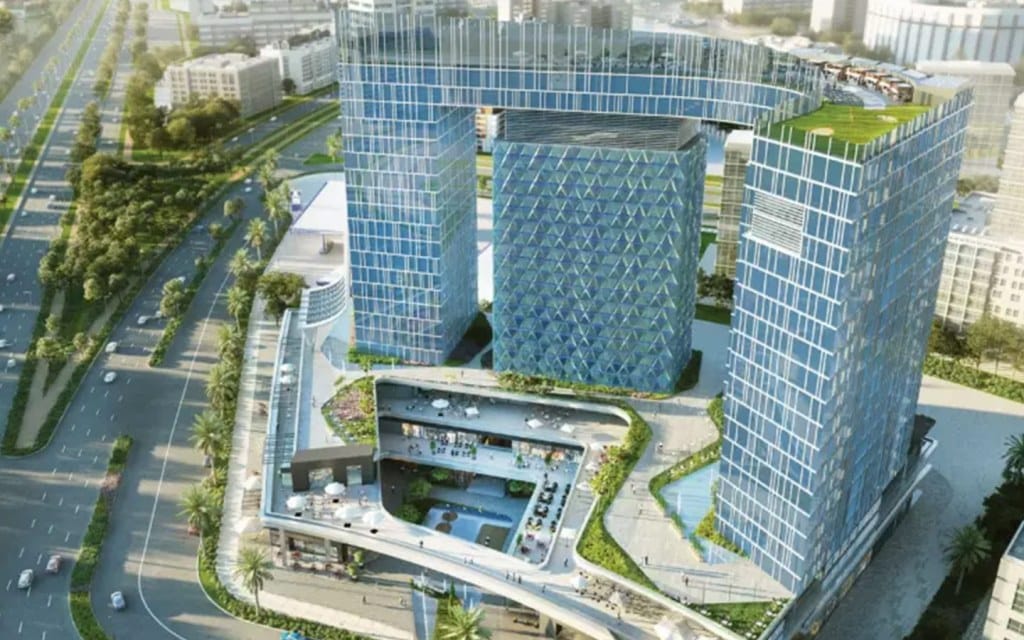 "مشروع بوليفارد بيزنس بارك في الرياض، يظهر تصميم مباني حديثة مع مرافق ترفيهية ورياضية."