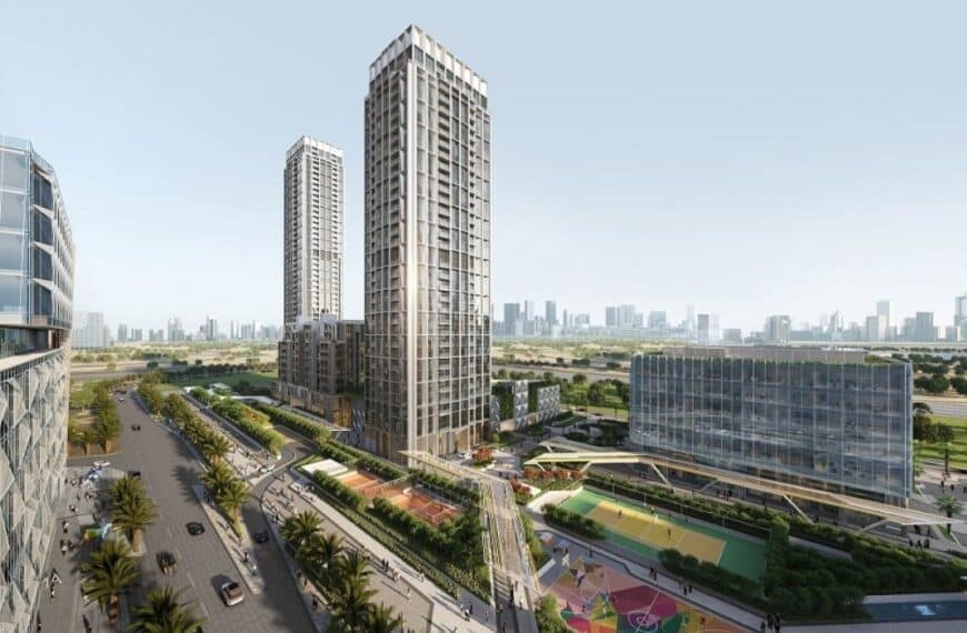 An image of the Design Quarter at d3 project in Dubai, showcasing high-rise buildings and green spaces.