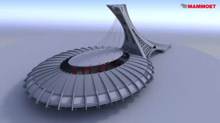 Olympic stadium roof lifting system using massive red support structures.
