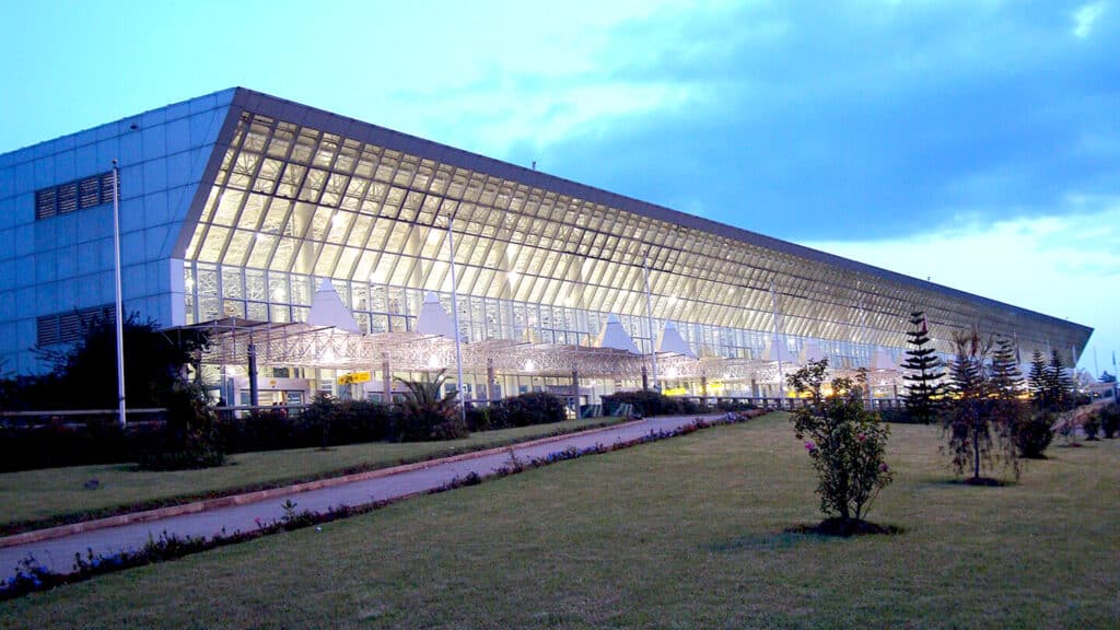 Illuminated facade of Bole International Airport in Ethiopia