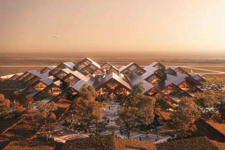 Exterior design of an international airport with a sloped architectural structure inspired by traditional architecture.