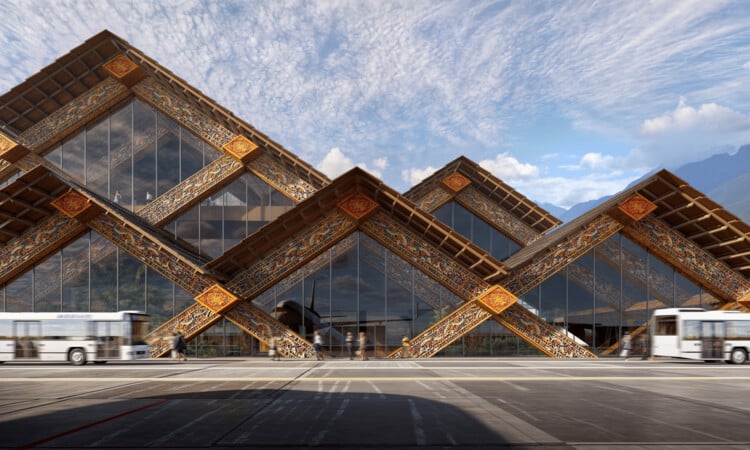 تصميم مطار جيليفو الدولي في بوتانكشفت خطط إنشاء مطار جيليفو الدولي في بوتان، الذي سيُعرض في بينالي البندقية 2025، عن تصميم يجمع بين الحرفية التقليدية والتقنيات الحديثة. يُعد هذا المطار الثاني دوليًا في البلاد وهو جزء من مخطط مدينة جيليفو للتأمل، حيث يهدف إلى دعم النمو المستقبلي مع الحفاظ على القيم الثقافية والبيئية لبوتان.التصميم المعماري والبنية الهيكليةتم تطوير التصميم المعماري للمطار بالتعاون مع شركات متخصصة في الهندسة والبنية التحتية. يعتمد الهيكل على شبكة قطرية مصنوعة من الخشب الرقائقي المصقول، والذي يتم الحصول عليه محليًا، مع تفاصيل مستوحاة من العمود الخشبي