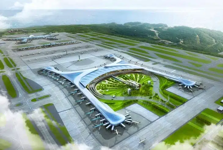 Futuristic design of a new airport with green spaces