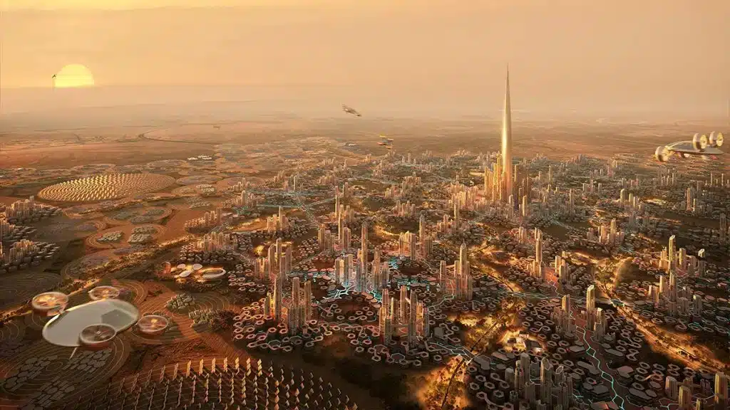 "Visionary rendering of a futuristic city in the North Pole Project, showcasing modern buildings and smart transportation networks during sunset."