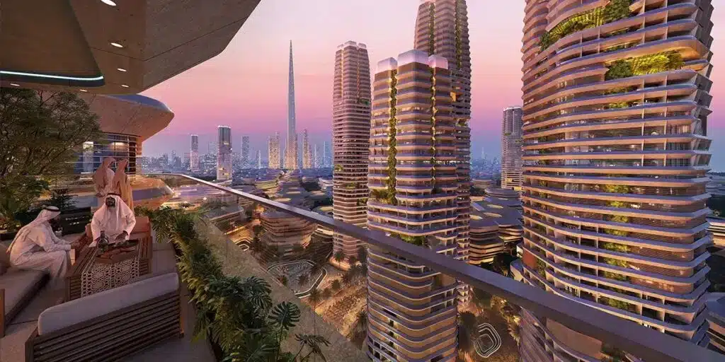 "صورة تُظهر مشهدًا ليليًا لمدينة حديثة في مشروع القطب الشمالي، مع مباني مرتفعة ومضاءة وناس يجلسون على شرفة."