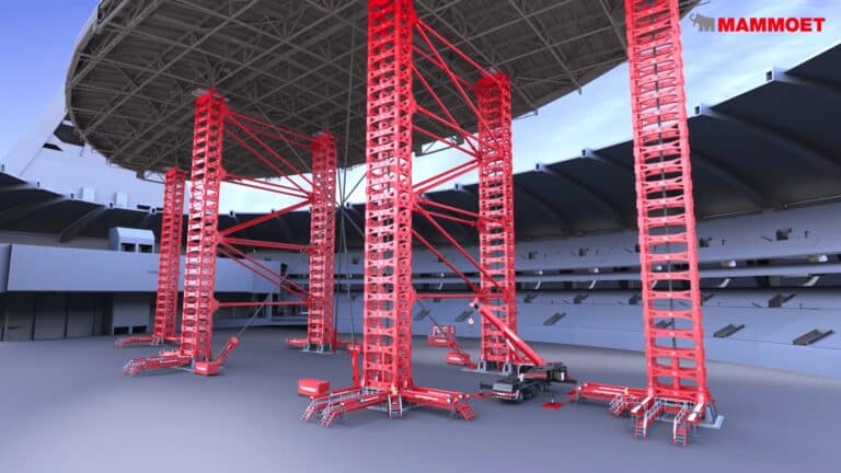 Stadium roof installation process using hydraulic lifting platforms