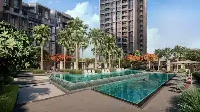صورة لحوض سباحة في مشروع Design Quarter at d3، محاط بأشجار النخيل