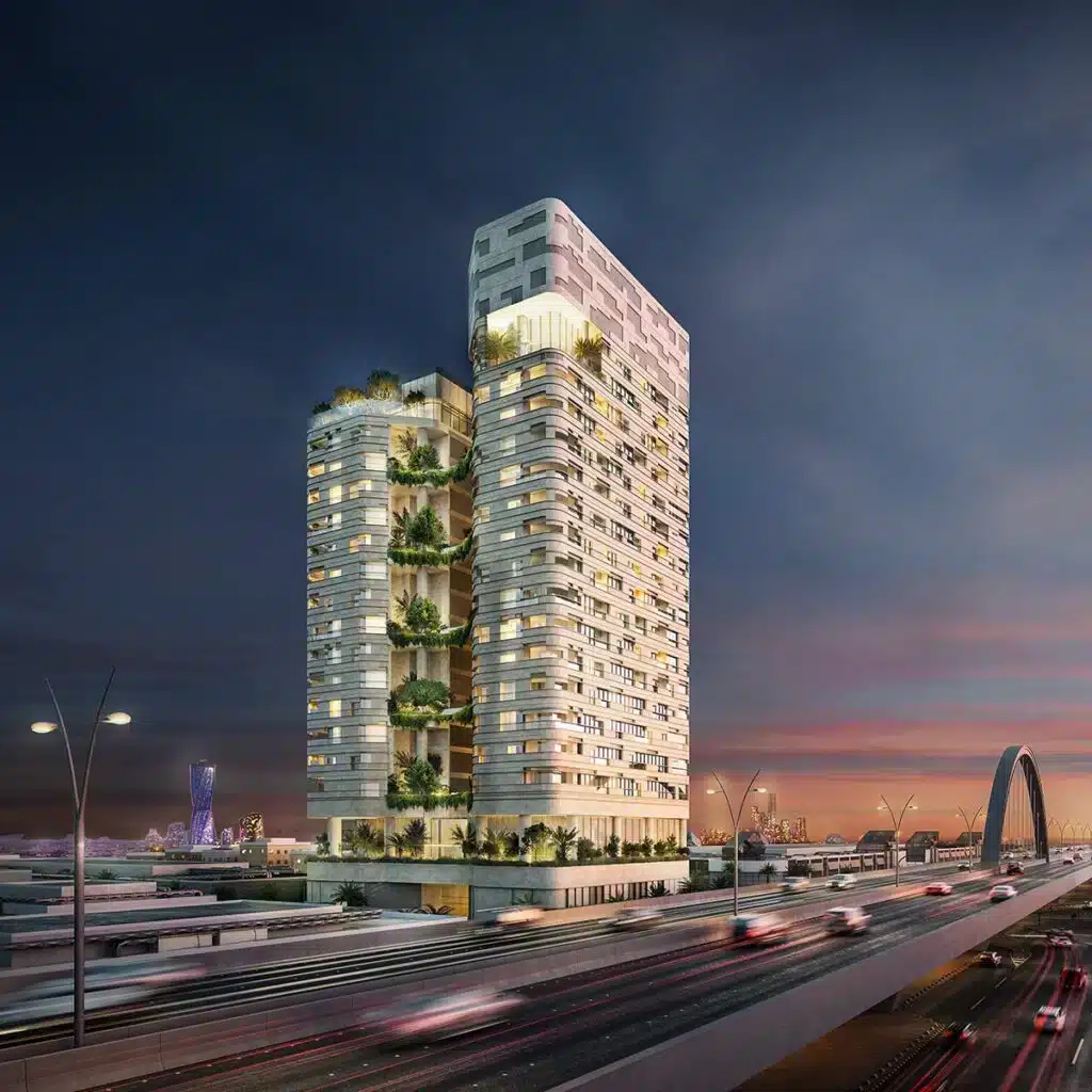 "Arik Tower project in Riyadh, featuring modern urban design with attractive nighttime lighting"