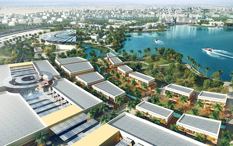 "Rendering of an urban complex in the North Pole Project, featuring green spaces, illuminated buildings, and a strategic location near water."