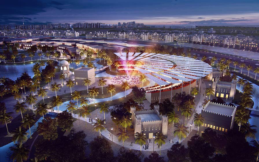 "Rendering of an urban complex in the North Pole Project, featuring green spaces, illuminated buildings, and a strategic location near water."