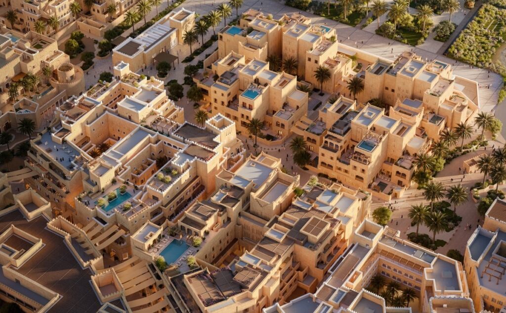 مشهد علوي لمشروع Armani Residences Diriyah يعكس الطراز المعماري النجدي التقليدي مع لمسات عصرية.