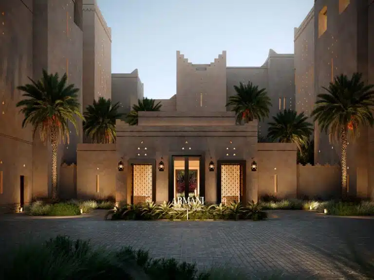 The main entrance of Armani Residences Diriyah with a traditional Najdi design reflecting luxury.