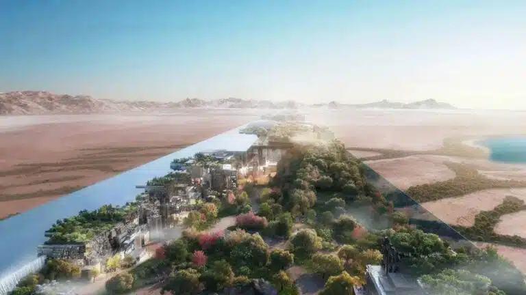 Aerial view of THE LINE project in NEOM, showcasing trees and green spaces inside the city.