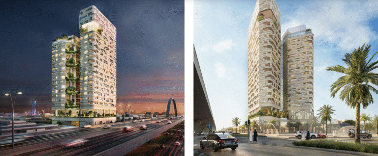 "Arik Tower project in Riyadh, featuring modern design with residential units and green spaces"
