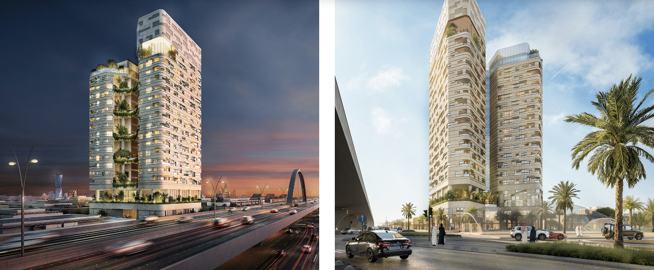 "Arik Tower project in Riyadh, featuring modern design with residential units and green spaces"