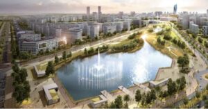Futuristic design of South Saad Al Abdullah Project with lake and fountain