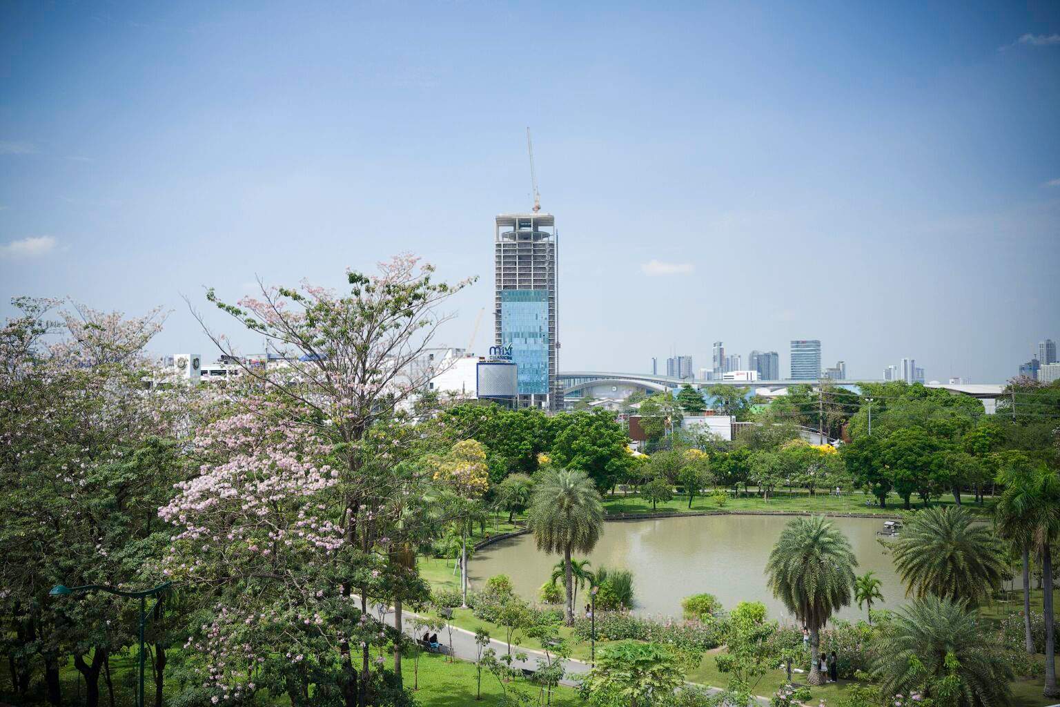 An image of a green park with a small lake in Bangkok, featuring a high-rise under construction in the background.