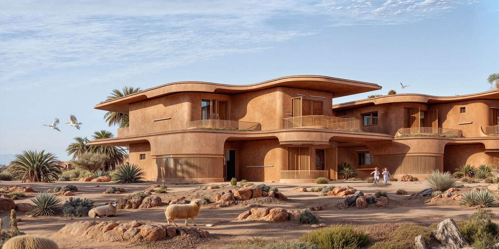 Modern homes embedded in rocky hills with an organic design blending into nature.