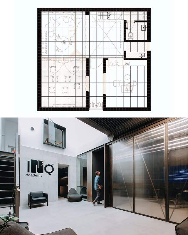 Floor plan and interior view of the apartment after conversion into a dental study academy"