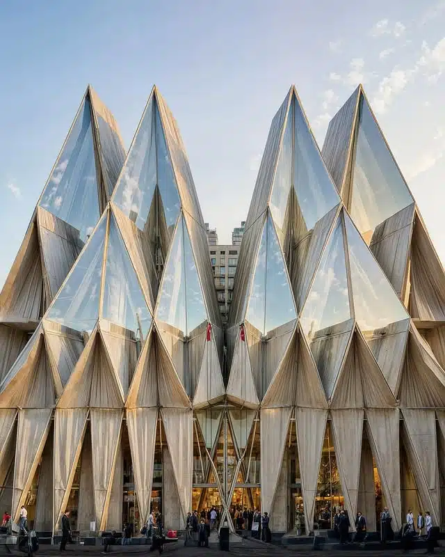 Guadalajara Civic Sculpture combining crystalline glass and textile triangles in an origami-inspired design, reflecting the sky and surrounding buildings.