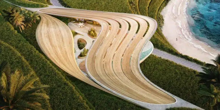 The exterior view of Wave Club in the Dom World Metaverse showcasing the blend of natural elements with digital architecture