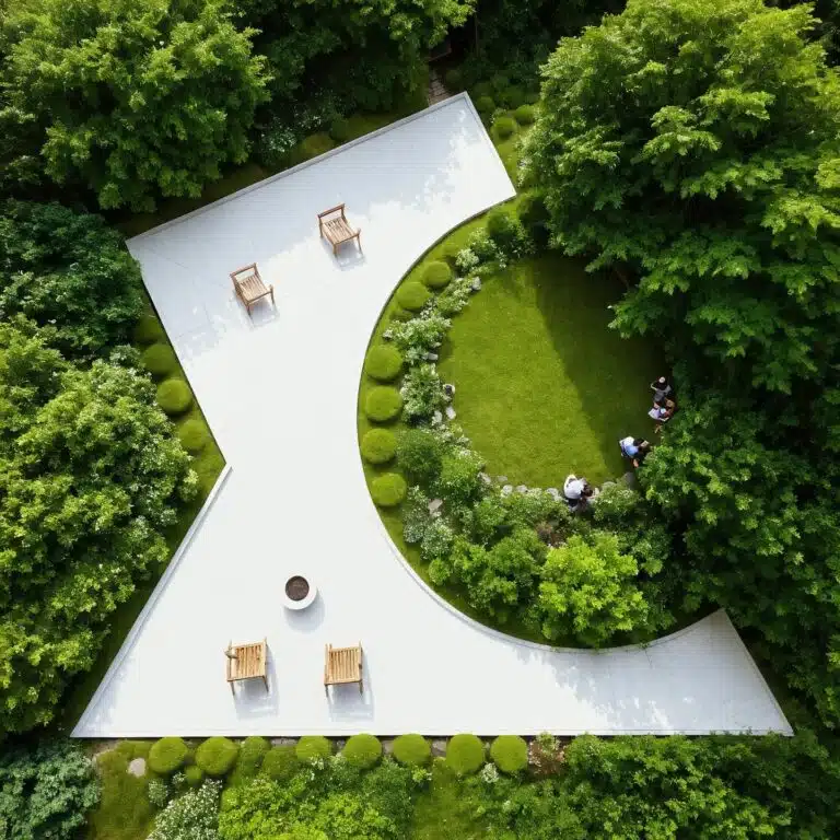 Geometric garden design with triangles and circles surrounded by lush greenery