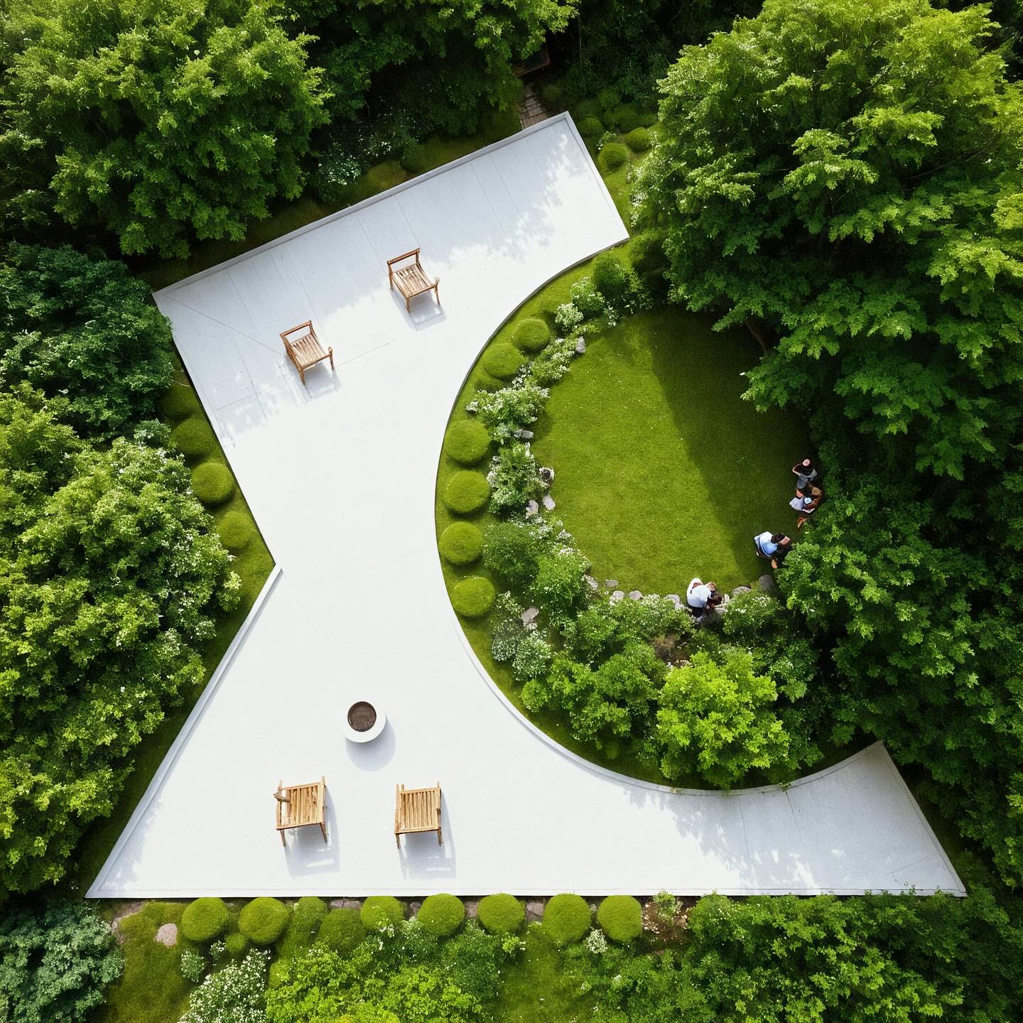 Geometric garden design with triangles and circles surrounded by lush greenery