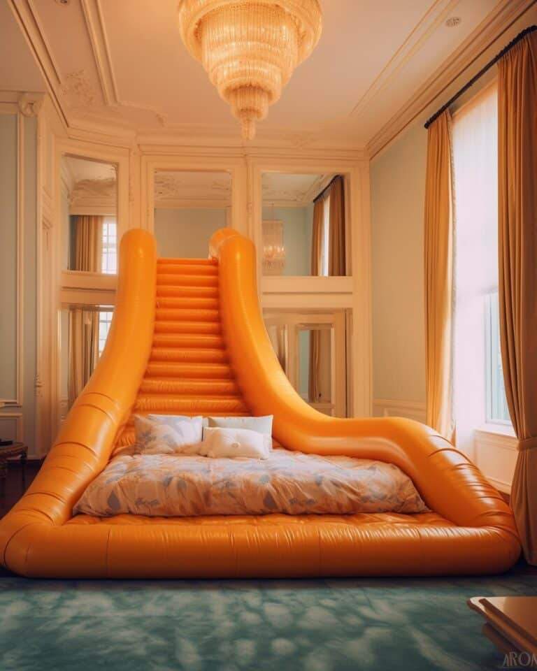 Interactive Bedroom Slide with Bright Orange Design and Integrated Bed Base.