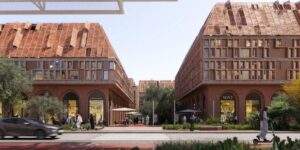 Two buildings in Expo City Dubai with a pedestrian path