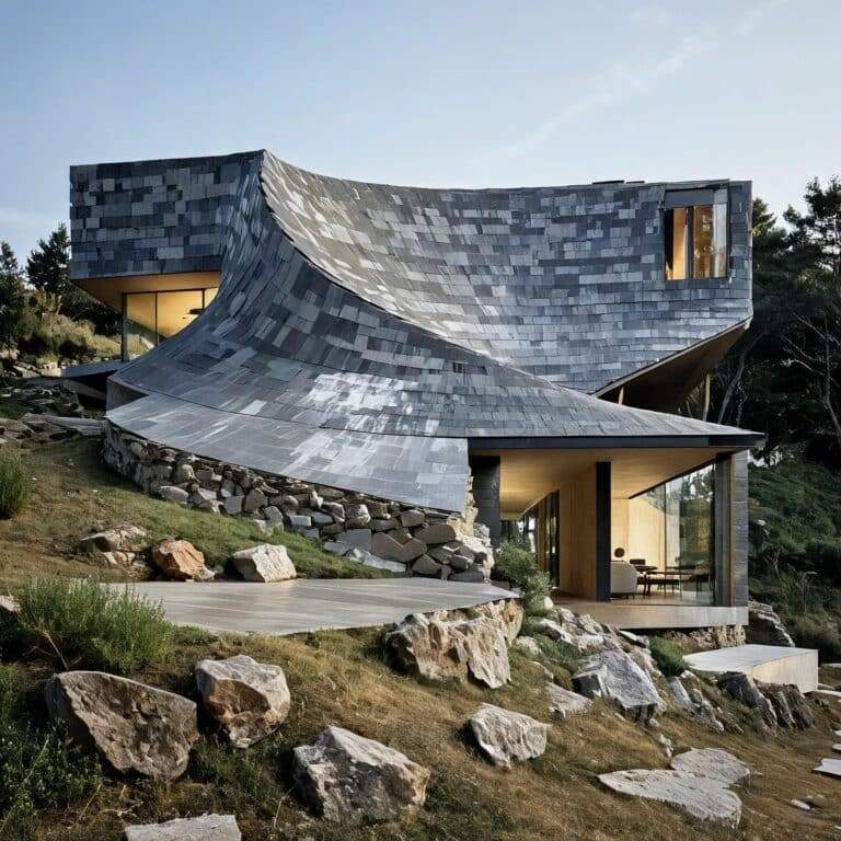 Modern building featuring dynamic architecture with a curved slate shingle roof, seamlessly integrated into the natural landscape."