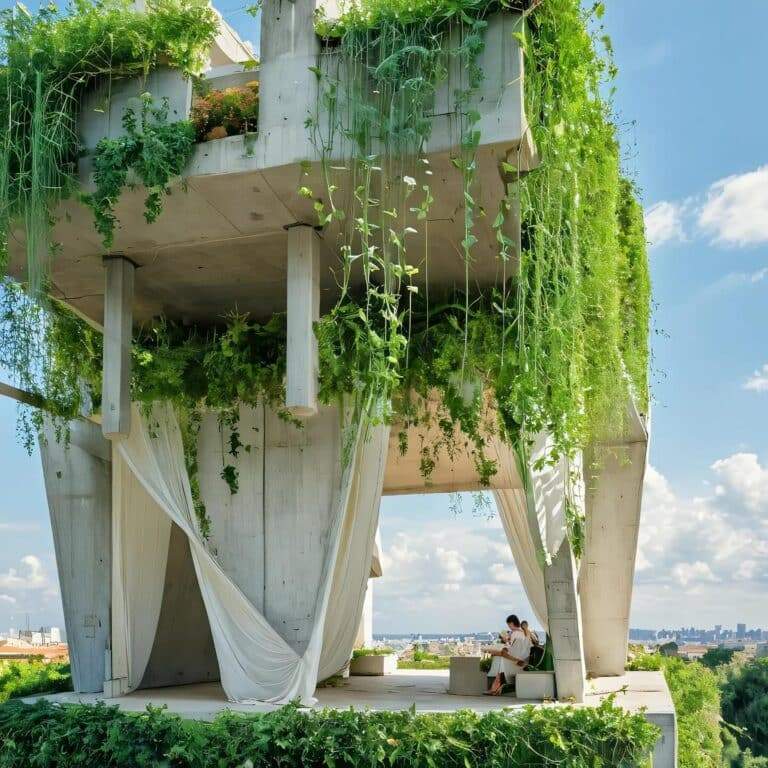 "Abandoned concrete structure transformed into a vibrant green space with hanging fabrics and flowers, embodying the concept of Reviving Forgotten Spaces."