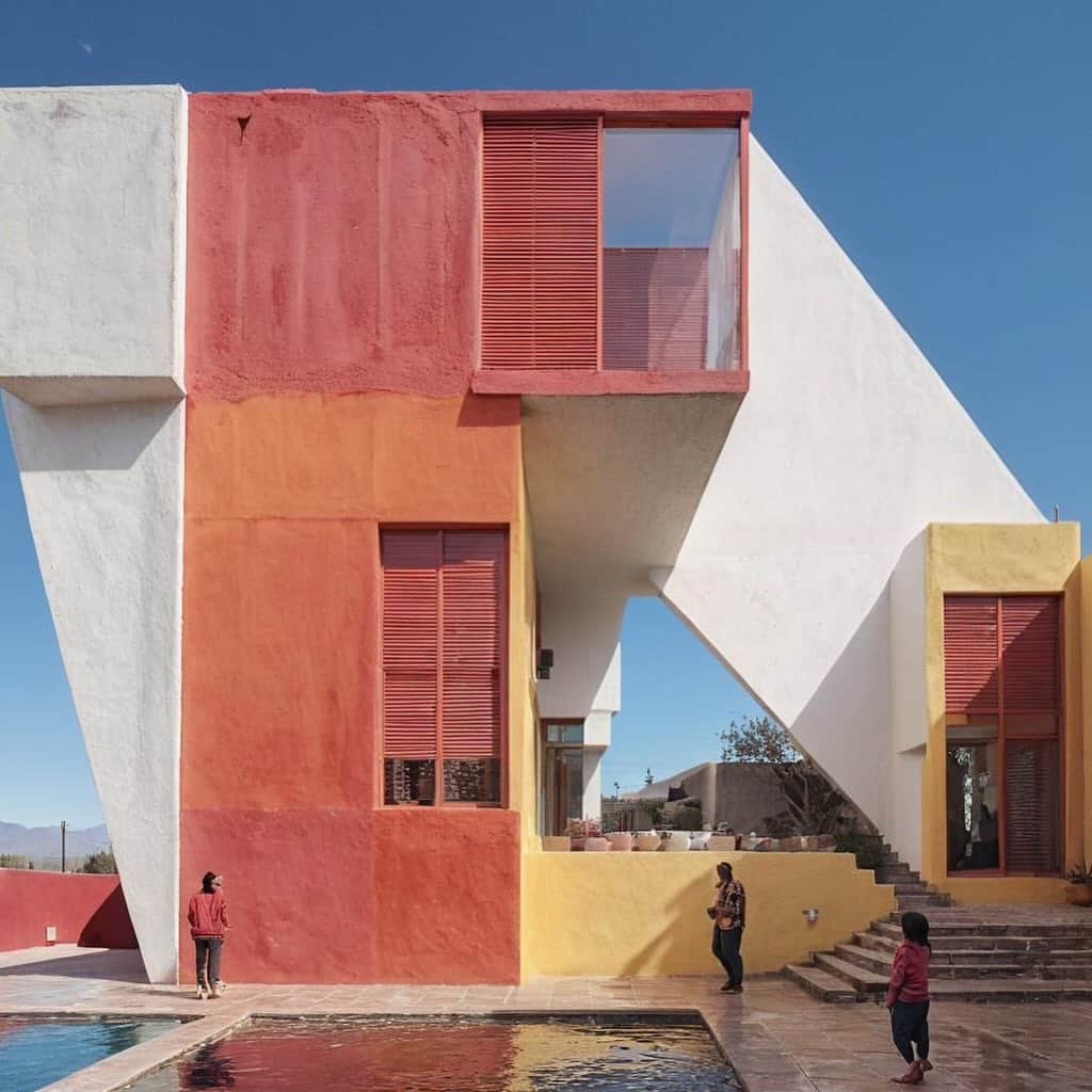 "A modern building with vibrant colors showcasing sustainable design, featuring a swimming pool and people moving around it."