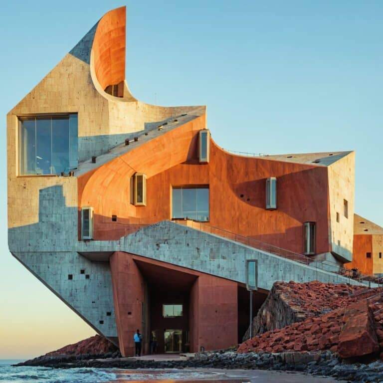 "Sustainable architectural building on the coastline, blending natural materials with parametric design"