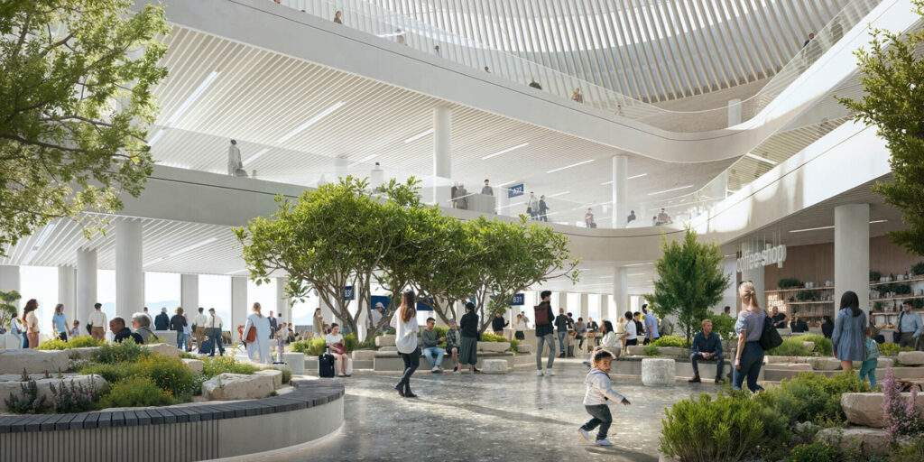 Modern airport interior space with natural plants and trees