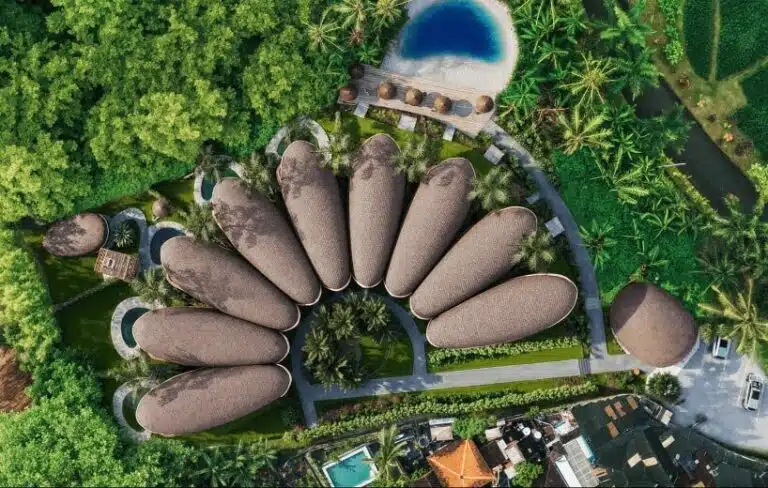 Aerial view of Pistachio Villas in Ubud with a circular pistachio shell-inspired layout