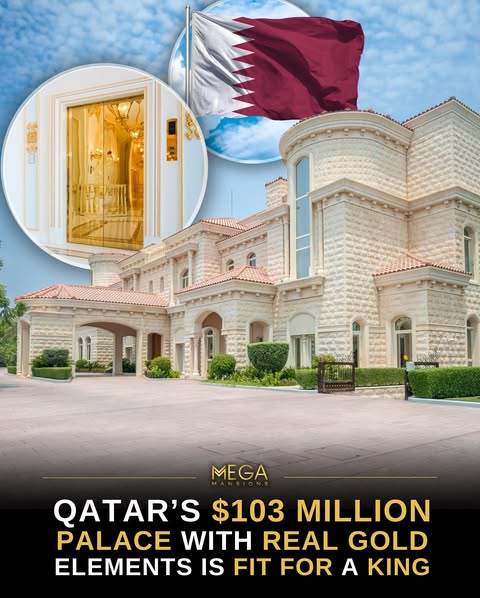 "Exterior view of a luxurious palace in Qatar, featuring a grand entrance and golden accents, with the Qatari flag prominently displayed."