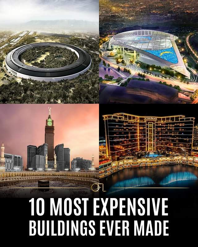 "A collage of some of the world’s most luxurious buildings, including Apple Park, SoFi Stadium, and Wynn Palace"
