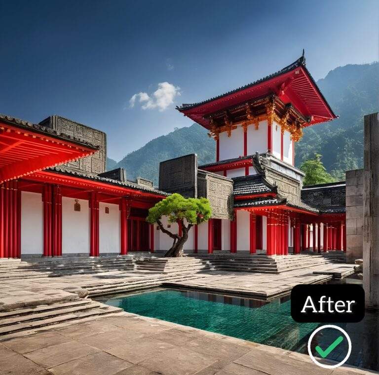 "AI-powered architectural design showcasing the space after development, featuring traditional-style red columns and an outdoor pool."