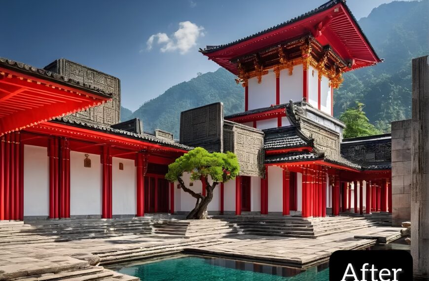 "AI-powered architectural design showcasing the space after development, featuring traditional-style red columns and an outdoor pool."