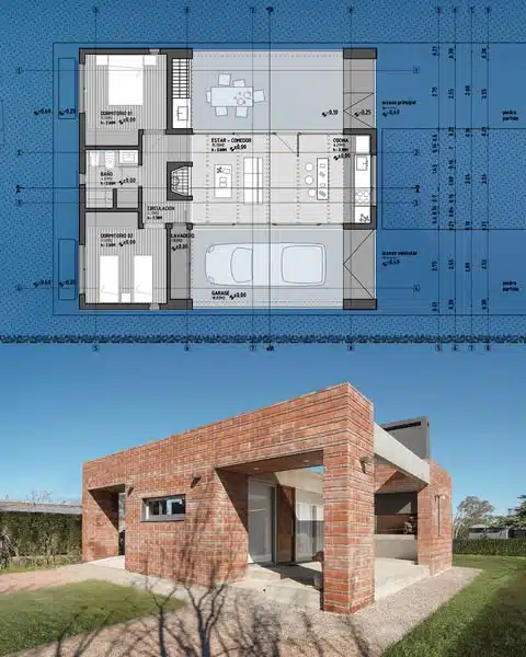 "Blueprint of a small house in Durazno, Uruguay, showcasing flexible and efficient indoor and outdoor space division.