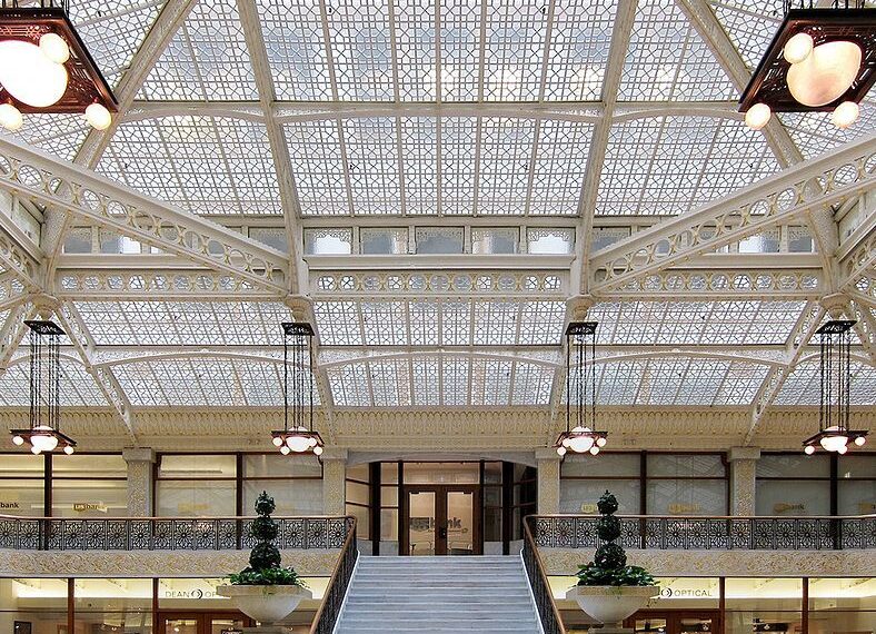 "A stunning glass ceiling in a modern architectural building in Chicago"